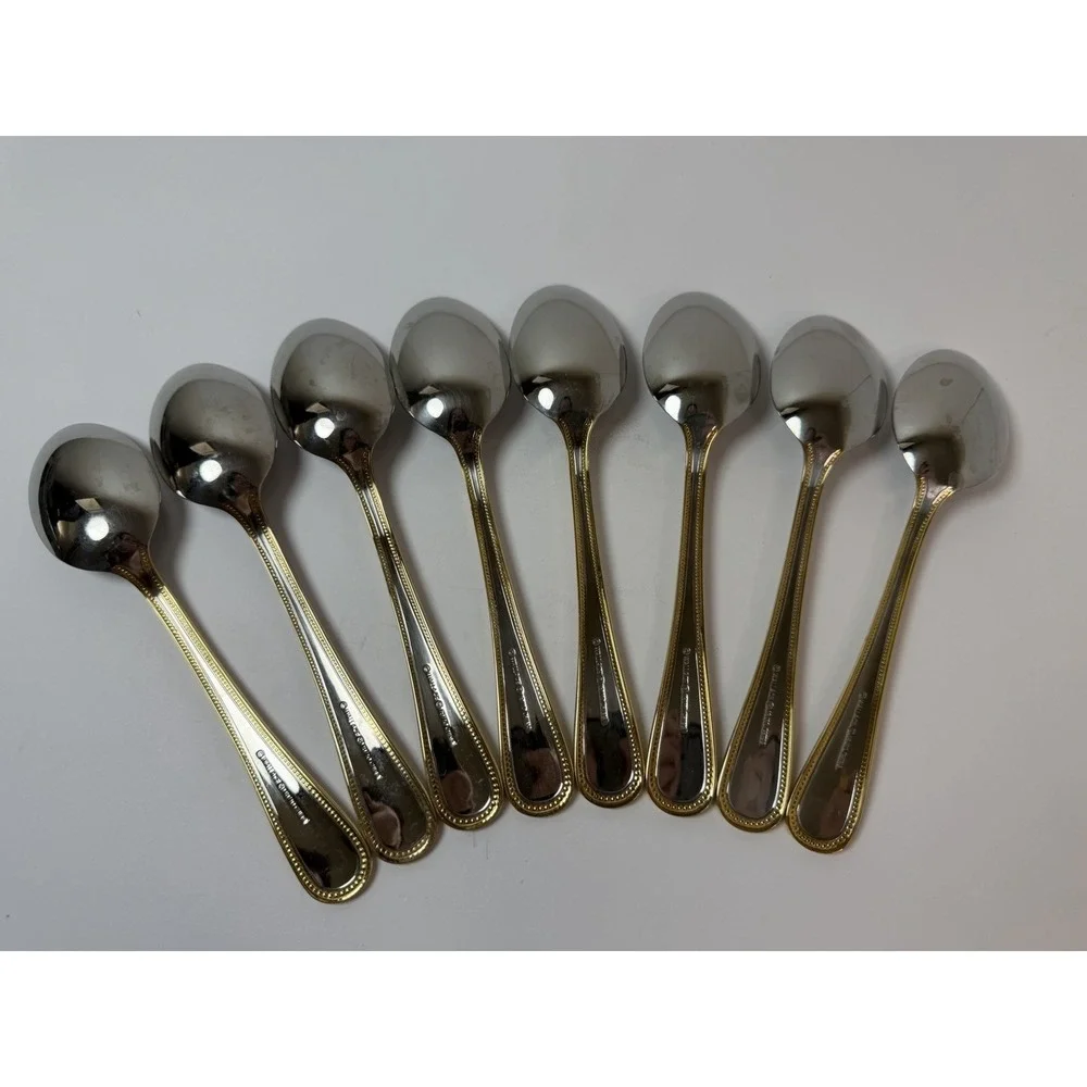 Set of 8 Wallace Gold Royal Bead Stainless Place Oval Soup Spoons 7 1/4